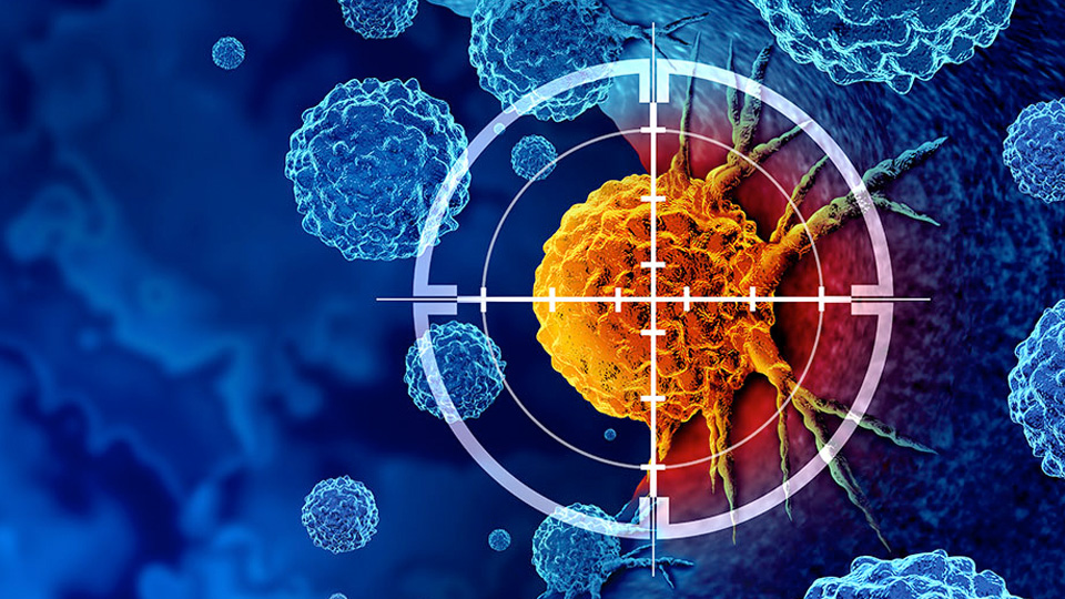 Illustration of a bright orange cancer cell surrounded by blue immune‑like cells, with a digital targeting crosshair centered on the cancer cell to represent precision cancer detection and treatment technologies.
