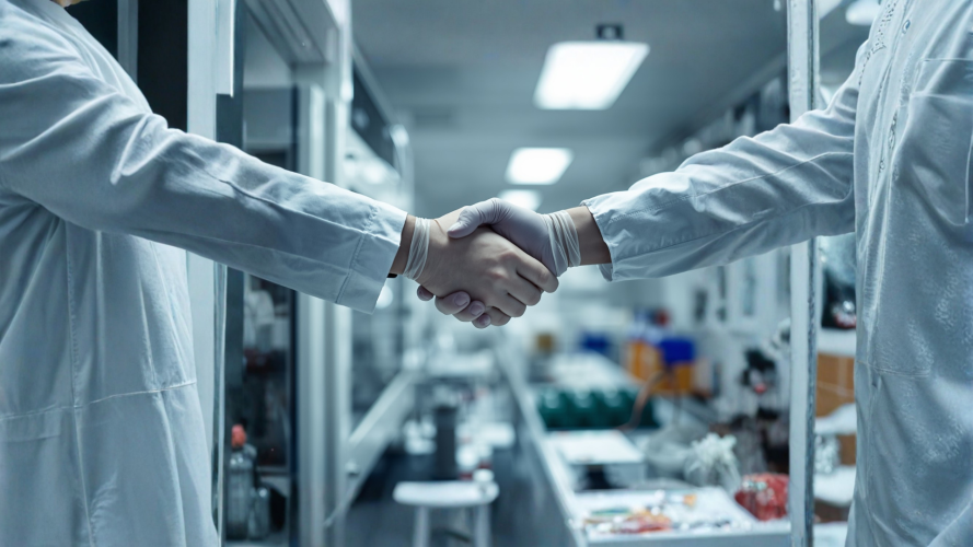 Two medical professionals shaking hands in a lab